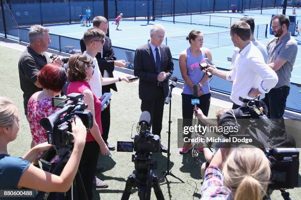 Newcombe Medallist Ashleigh Barty speaks to media next to Tennis Australia CEO Craig Tiley at Melbourne Park on November 28, 2017 in Melbourne,...