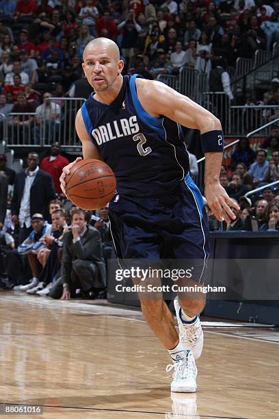 Jason Kidd of the Dallas Mavericks drives the ball upcourt against the Atlanta Hawks during the game on March 19, 2009 at Philips Arena in Atlanta,...