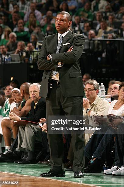 Head Coach Doc Rivers of the Boston Celtics watches from the sidelines in Game Seven of the Eastern Conference Semifinals against the Orlando Magic...