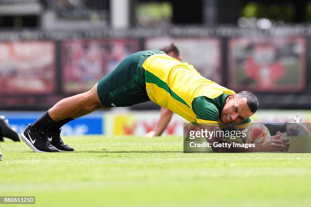 Will Chambers stretches during the Australian Kangaroos Rugby League World Cup training session at Langlands Park on November 28, 2017 in Brisbane,...