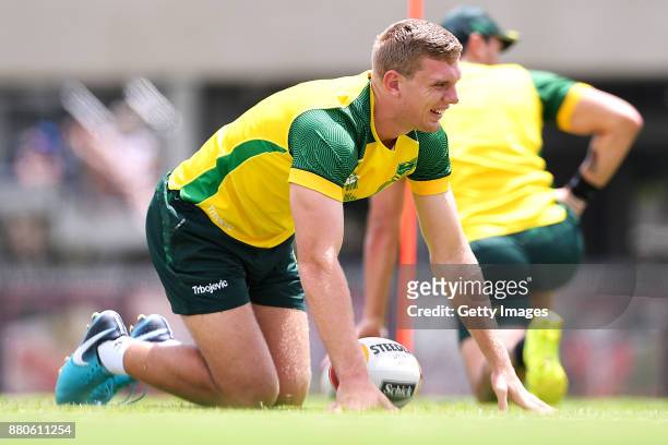 Tom Trbojevic warms up during the Australian Kangaroos Rugby League World Cup training session at Langlands Park on November 28, 2017 in Brisbane,...