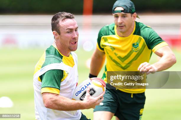 Michael Morgan in action during the Australian Kangaroos Rugby League World Cup training session at Langlands Park on November 28, 2017 in Brisbane,...