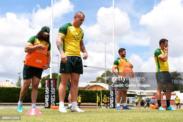 Australian players in action during the Australian Kangaroos Rugby League World Cup training session at Langlands Park on November 28, 2017 in...