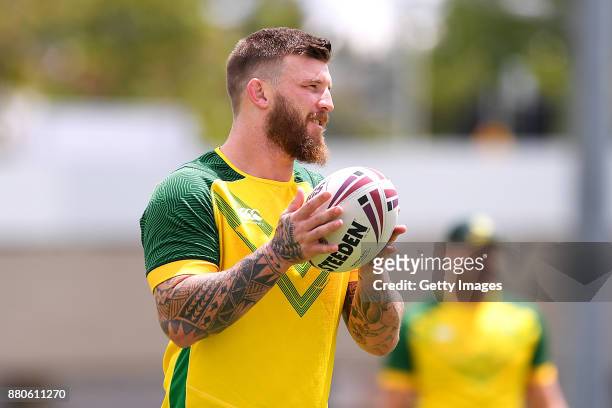 Josh McGurie is seen during the Australian Kangaroos Rugby League World Cup training session at Langlands Park on November 28, 2017 in Brisbane,...