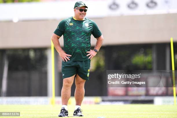 Head coach Mel Meninga looks on during the Australian Kangaroos Rugby League World Cup training session at Langlands Park on November 28, 2017 in...