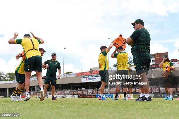Mel Meninga watches on during the Australian Kangaroos Rugby League World Cup training session at Langlands Park on November 28, 2017 in Brisbane,...