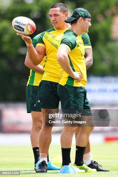 Cooper Cronk and Tyson Frizell are seen during the Australian Kangaroos Rugby League World Cup training session at Langlands Park on November 28,...