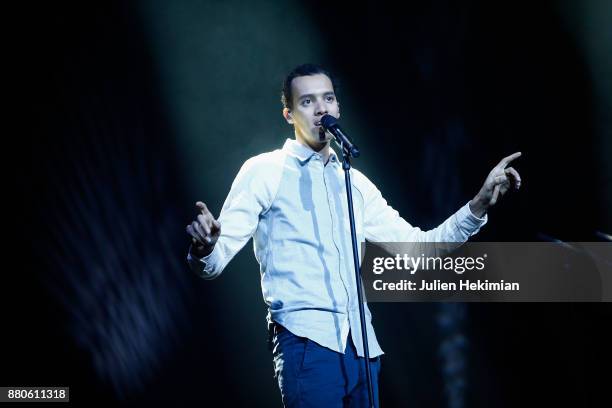 Gael Faye performs on stage after being awarded with the Francis Lemarque Prize during les Grands Prix De La Sacem 2017 Ceremony At Salle Pleyel on...