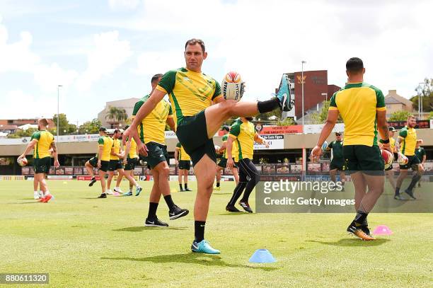 Cameron Smith warms up during the Australian Kangaroos Rugby League World Cup training session at Langlands Park on November 28, 2017 in Brisbane,...