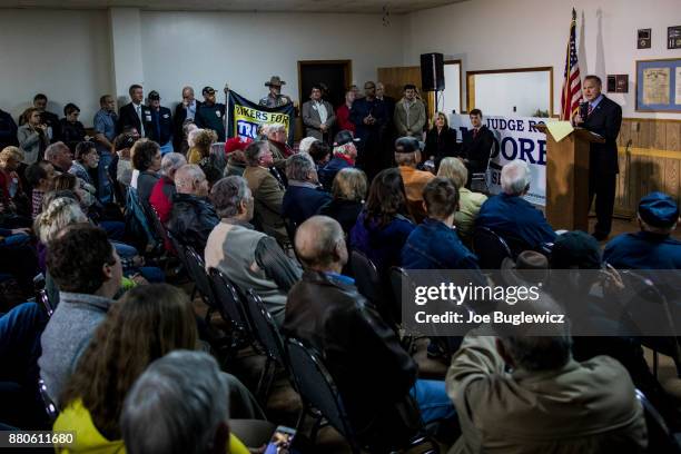 Judge Roy Moore holds a campaign rally on November 27, 2017 in Henagar, Alabama. Over 100 supporters turned out to the event packing the Henagar...
