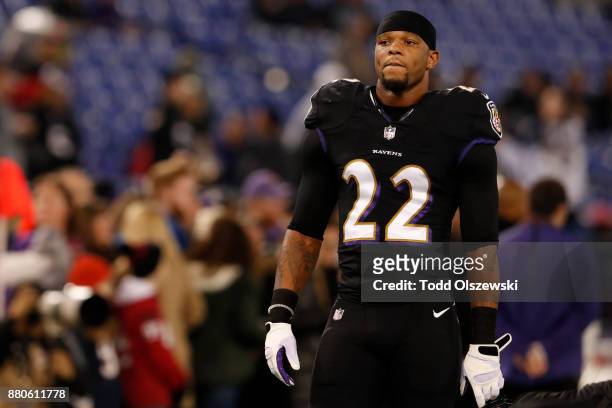 Cornerback Jimmy Smith of the Baltimore Ravens stands on the field during warms up prior to the game against the Houston Texans at M&T Bank Stadium...