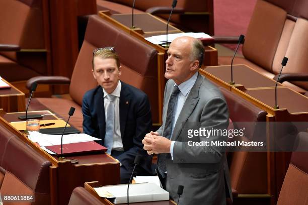 Senator Eric Abetz speaks on arguments for amendments to the same-sez marriage bill in the Senate at Parliament House on November 28, 2017 in...