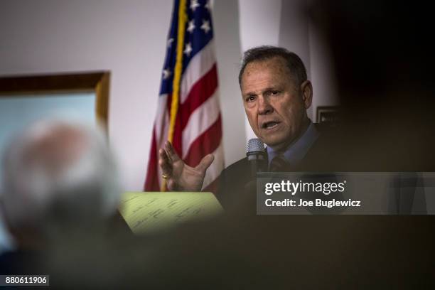 Judge Roy Moore holds a campaign rally on November 27, 2017 in Henagar, Alabama. Over 100 supporters turned out to the event packing the Henagar...