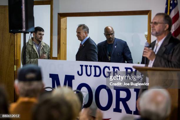 Judge Roy Moore is introduced during campaign rally on November 27, 2017 in Henagar, Alabama. Over 100 supporters turned out to the event packing the...