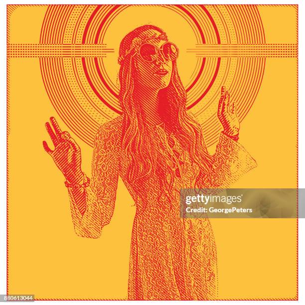 boho hippie woman spiritual leader with halftone pattern background - lace dress stock illustrations