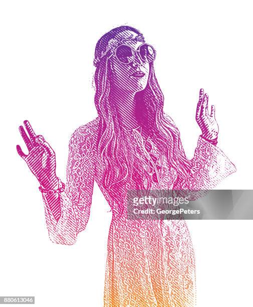 illustrazioni stock, clip art, cartoni animati e icone di tendenza di boho hippie donna leader spirituale con sfondo a mezzitoni - musica psichedelica