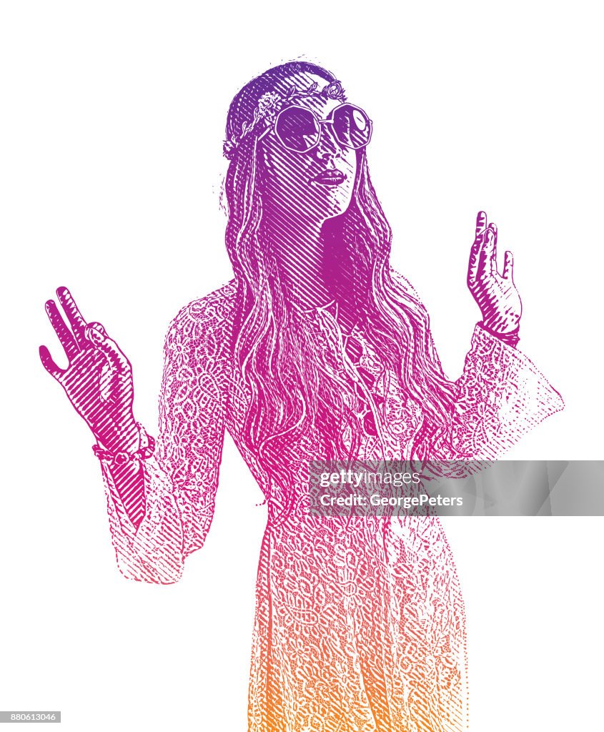 Boho Hippie Woman spiritual leader with halftone pattern background