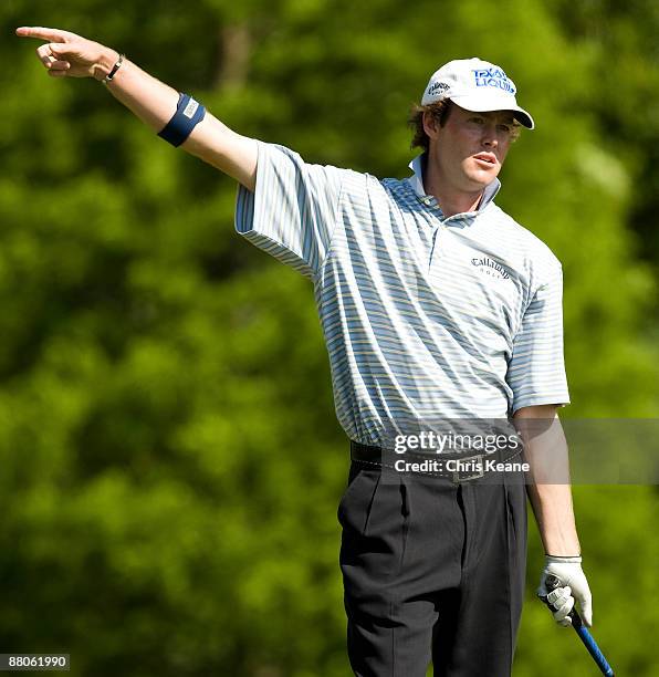 Kyle Reifers points after hitting his drive right on the seventh hole during the second round of the Rex Hospital Open Nationwide Tour golf...