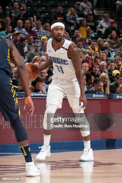 Terrence Ross of the Orlando Magic handles the ball during the game against the Indiana Pacers on November 27, 2017 at Bankers Life Fieldhouse in...