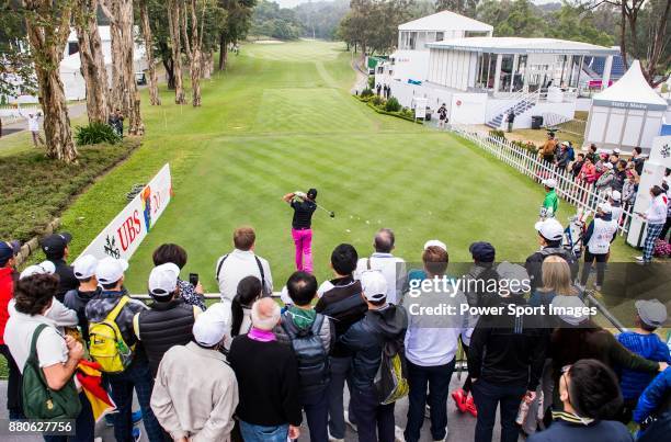 Fans watch as Scott Hend of Australia tees off during round three of the UBS Hong Kong Open at The Hong Kong Golf Club on November 25, 2017 in Hong...