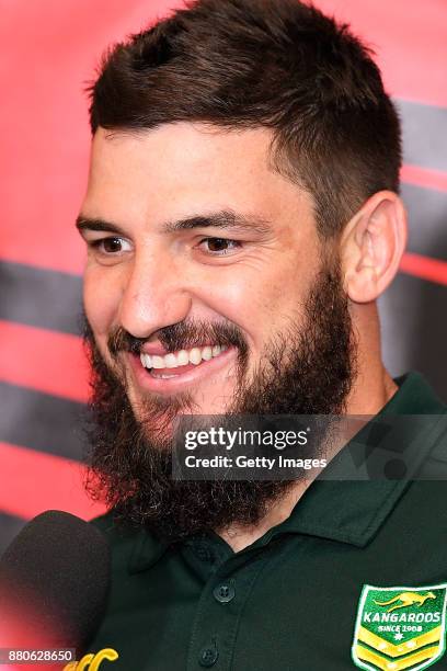 Matt Gillett speaks to the media during an Australia Kangaroos Media Opportunity at Sofitel Hotel on November 28, 2017 in Brisbane, Australia.