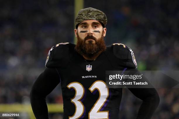 Free Safety Eric Weddle of the Baltimore Ravens looks on from the side line during the second quarter against the Houston Texans at M&T Bank Stadium...