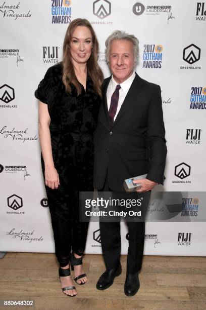 Elizabeth Marvel and Dustin Hoffman with his Film Tribute award backstage during IFP's 27th Annual Gotham Independent Film Awards on November 27,...
