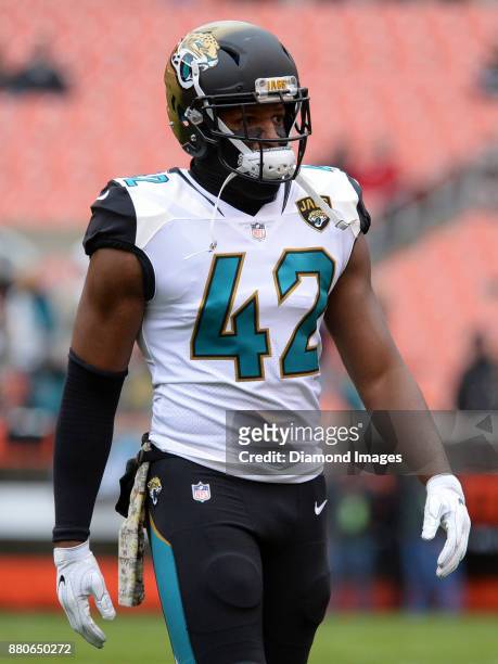 Safety Barry Church of the Jacksonville Jaguars stands on the field prior to a game on November 19, 2017 against the Cleveland Browns at FirstEnergy...