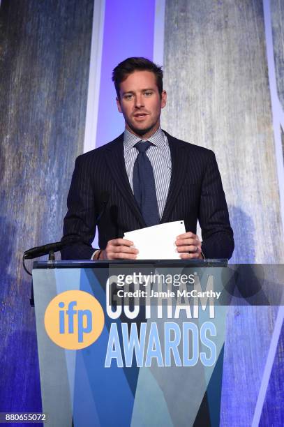 Armie Hammer speaks onstage the 2017 IFP Gotham Awards at Cipriani Wall Street on November 27, 2017 in New York City.