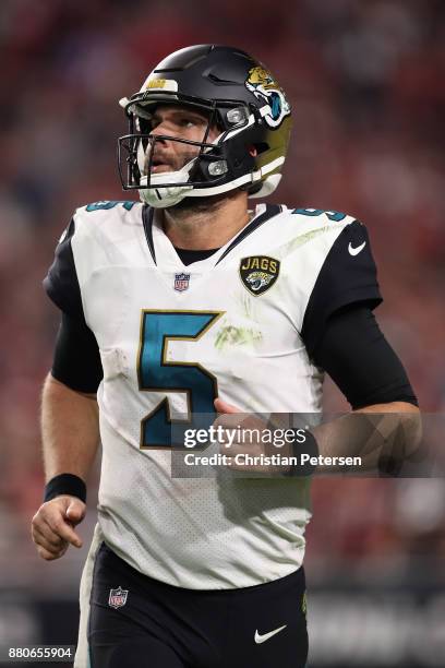 Quarterback Blake Bortles of the Jacksonville Jaguars runs off the field during the second half of the NFL game against the Arizona Cardinals at the...