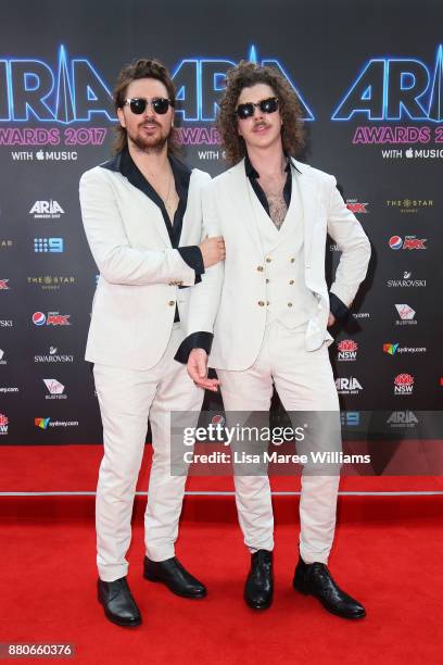 Adam Hyde and Reuben Styles of Peking Duck arrive for the 31st Annual ARIA Awards 2017 at The Star on November 28, 2017 in Sydney, Australia.