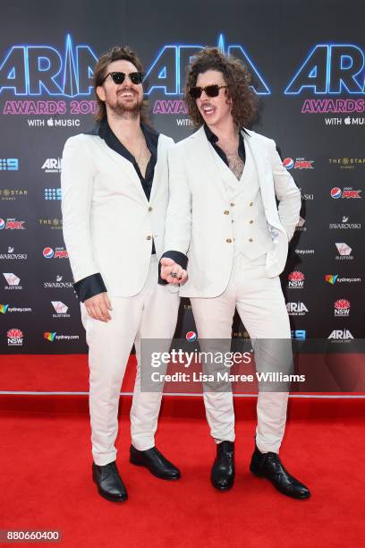 Adam Hyde and Reuben Styles of Peking Duck arrive for the 31st Annual ARIA Awards 2017 at The Star on November 28, 2017 in Sydney, Australia.