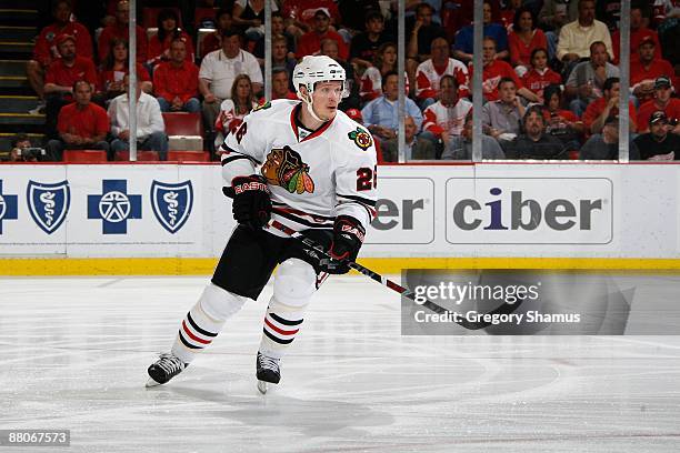 Samuel Pahlsson of the Chicago Blackhawks skates against the Detroit Red Wings during Game Five of the Western Conference Championship Round of the...