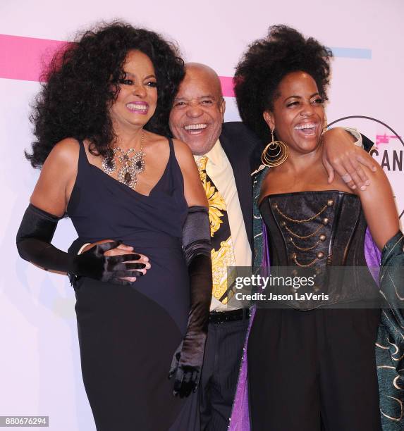 Singer Diana Ross, Berry Gordy and Rhonda Ross Kendrick pose in the press room at the 2017 American Music Awards at Microsoft Theater on November 19,...