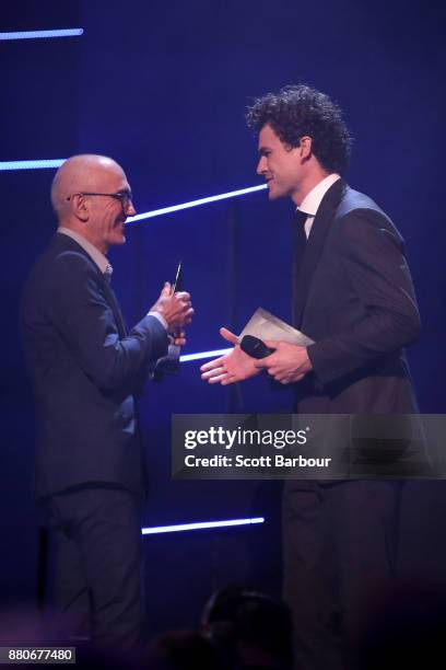 Vance Joy presents Paul Kelly with the ARIA for Best Adult Contemporary during the 31st Annual ARIA Awards 2017 at The Star on November 28, 2017 in...