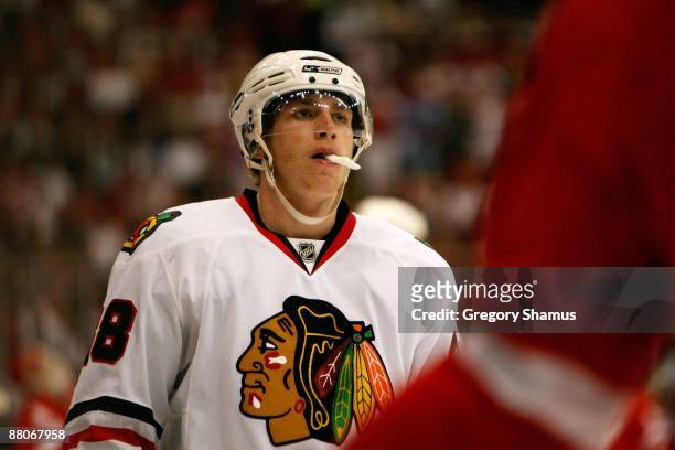 Patrick Kane of the Chicago Blackhawks looks on against the Detroit Red Wings during Game Five of the Western Conference Championship Round of the...
