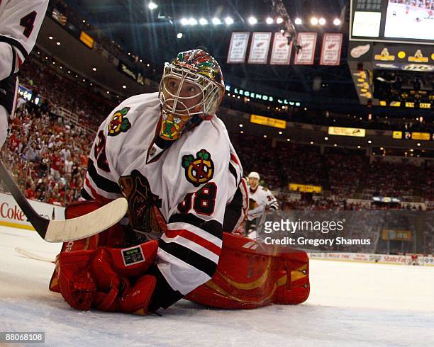 Cristobal Huet of the Chicago Blackhawks looks back behind the net against the Detroit Red Wings during Game Five of the Western Conference...