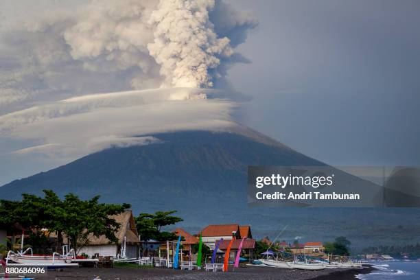 General view of Mount Agung during an eruption while spewing volcanic ash into the sky on November on November 28, 2017 in Karangasem, Island of...