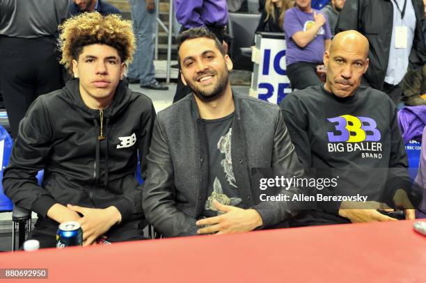 LaMelo Ball and LaVar Ball attend a basketball game between the Los Angeles Clippers and the Los Angeles Lakers at Staples Center on November 27,...