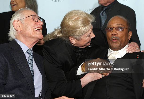 Songwriter Alan Bergman, songwriter Marilyn Bergman and composer Quincy Jones attend AMPAS' tribute to Alan and Marilyn Bergman on May 29, 2009 in...