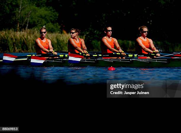 Systke de Groot, Claudia Belderbos, Carline Bouw and Chantal Achterberg of the Netherlands prepare to compete in the Women's Quadruple Sculls race...