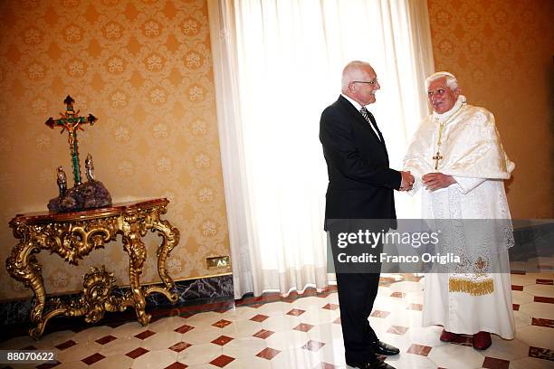 Pope Benedict XVI meets Czech President Vaclav Klaus at his private Library on May 30, 2009 in Vatican City, Vatican. The Vatican announces Pope...