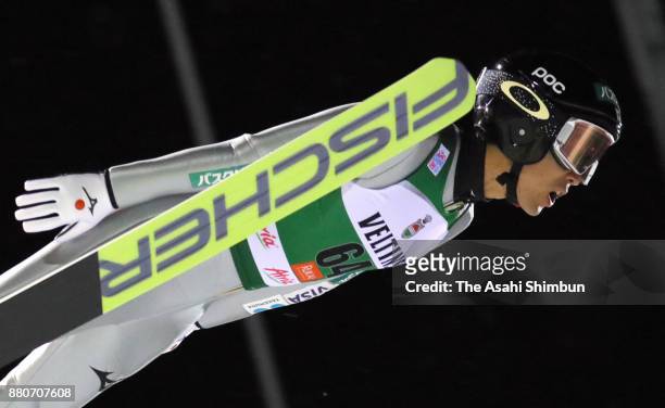 Akito Watabe of Japan competes in the ski jumping of the FIS Nordic Combined World Cup qualification during day one of the Ruka Nordic on November...