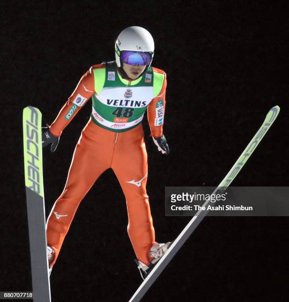 Hideaki Nagai of Japan competes in the ski jumping of the FIS Nordic Combined World Cup qualification during day one of the Ruka Nordic on November...