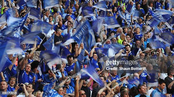 Everton fans enjoy the atmosphere prior to the FA Cup sponsored by E.ON Final match between Chelsea and Everton at Wembley Stadium on May 30, 2009 in...