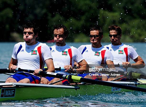 Laurent Cadot, Jean-David Bernard, Sebastien Lente and Benjamin Lang of France compete in the Men's Four race during day 2 of the FISA Rowing World...