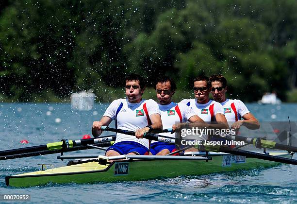 Laurent Cadot, Jean-David Bernard, Sebastien Lente and Benjamin Lang of France compete in the Men's Four race during day 2 of the FISA Rowing World...
