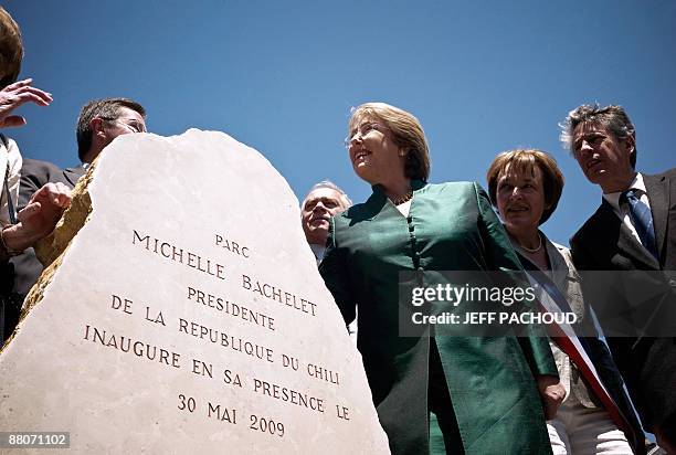 Chilean president Michelle Bachelet attends the inauguration of a park named after Bachelet on May 30, 2009 Chassagne-Montrachet in the Burgundy...