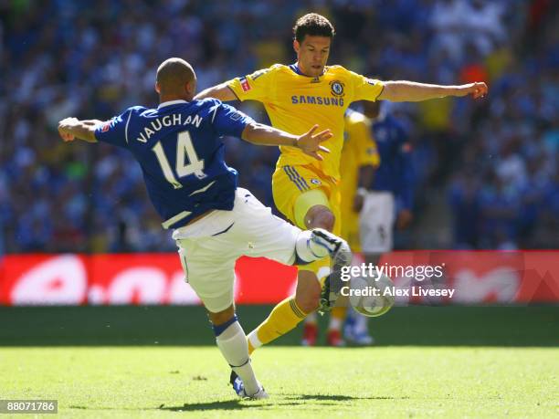 James Vaughan of Everton is challenged by Michael Ballack of Chelsea during the FA Cup sponsored by E.ON Final match between Chelsea and Everton at...