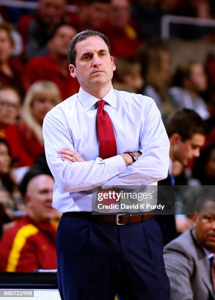Head coach Steve Prohm of the Iowa State Cyclones coaches from the bench in the first half of play against the Western Illinois Leathernecks at...